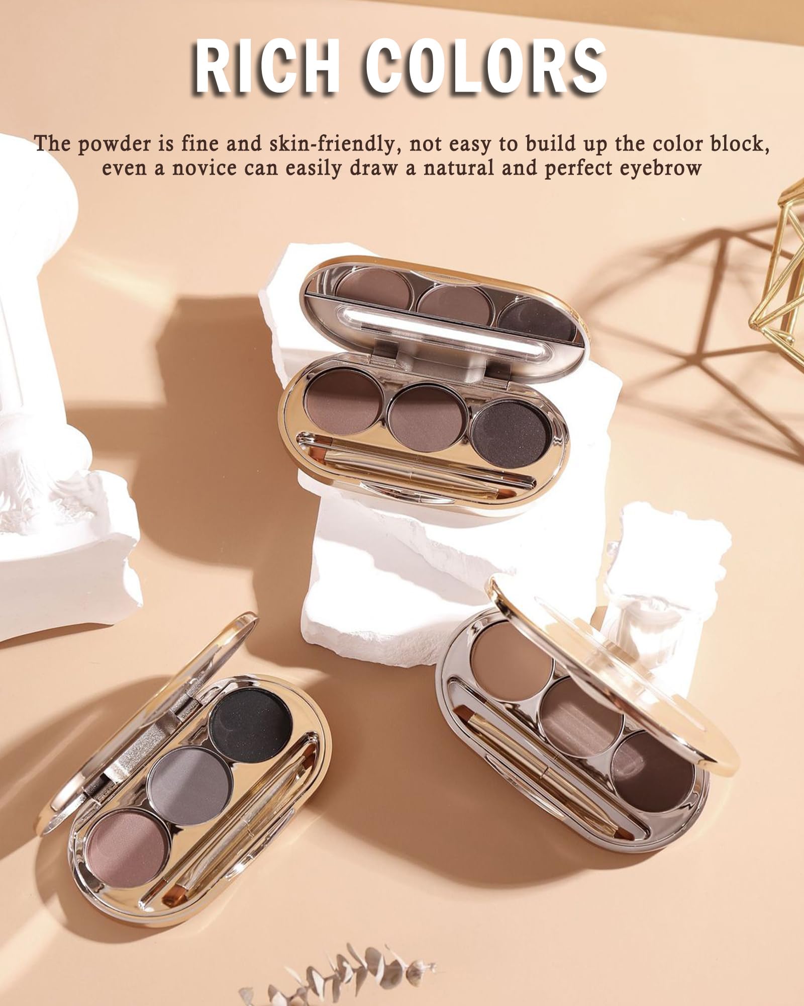 LYSdefeu Eyebrow Powder Kit – 3-Color Matte Palette with Mirror & Tools