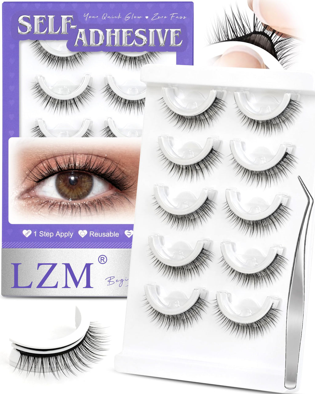 LZM Self-Adhesive Eyelashes – Glueless 7-10mm, Natural Look, All-Day Waterproof Hold + Tweezer Kit