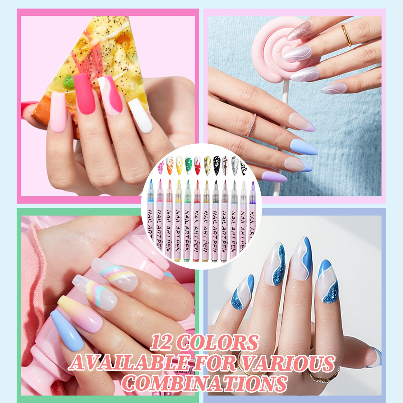 LZUPIKC 12-Color Nail Art Pen Set – 0.7mm Fine Tip, 3D Quick-Dry Nail Polish Pens for DIY Nails