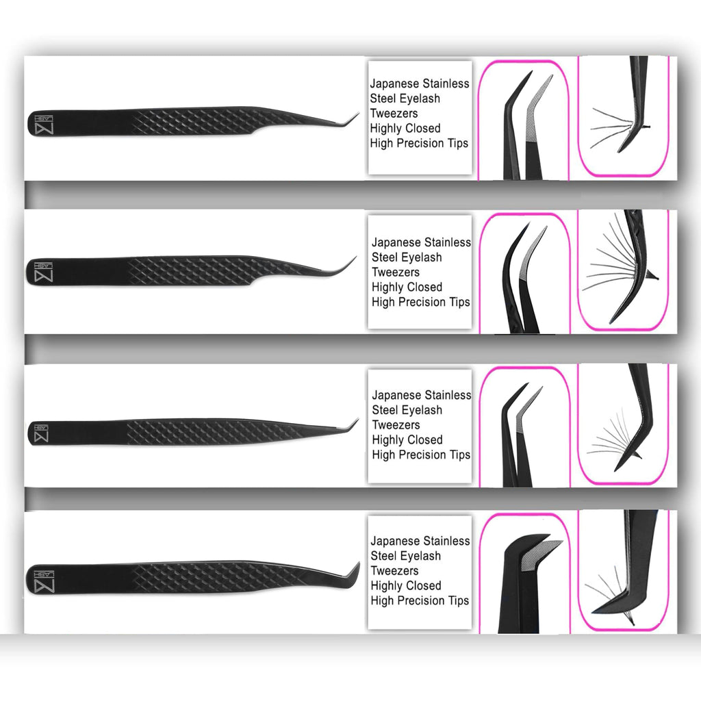 M LASH Tweezers for Eyelash Extensions – 4-Piece Set with Fiber Tip, Japanese Steel, Diamond Grip