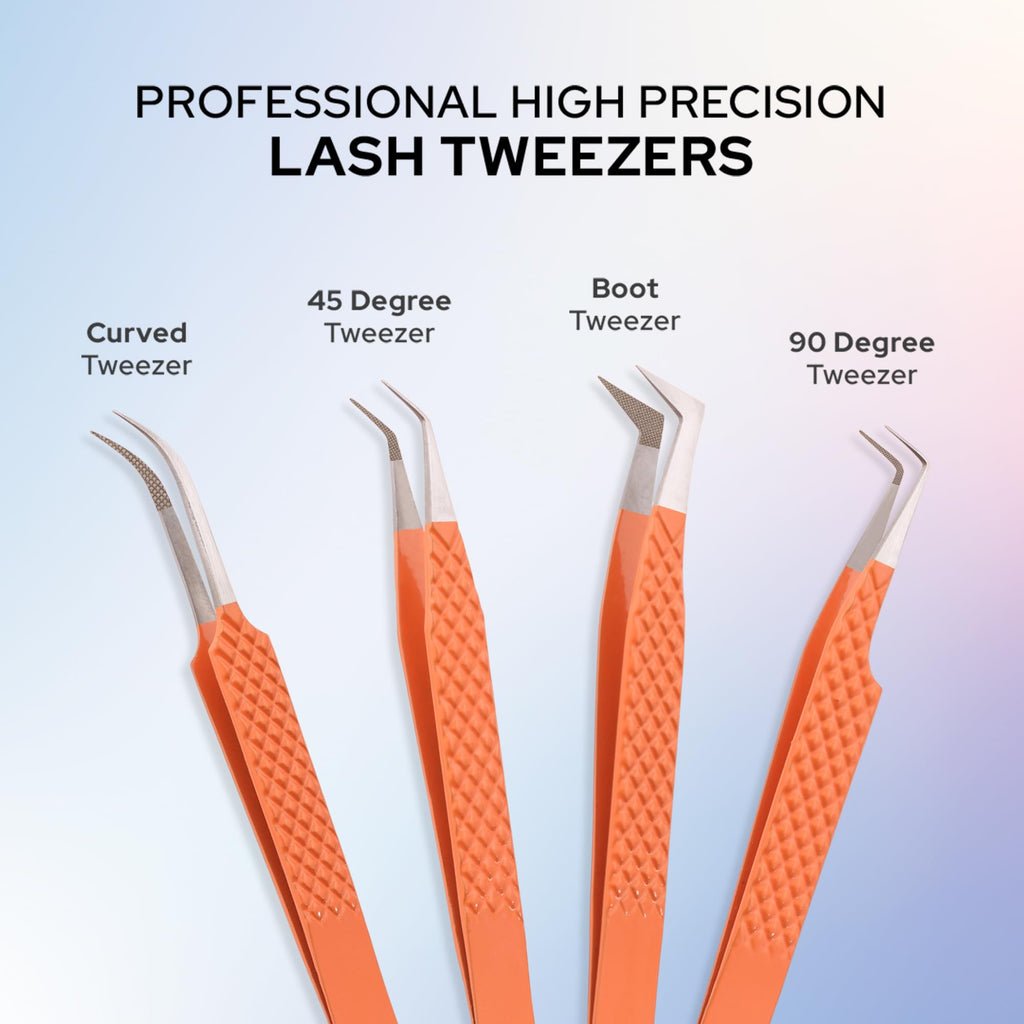 M LASH Tweezers for Eyelash Extensions (Set of 4) – Japanese Steel, Fiber Tip, Diamond Grip