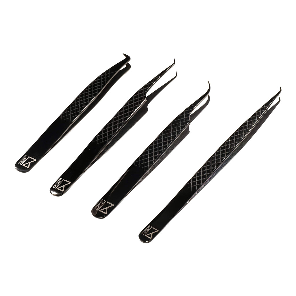 M LASH Tweezers for Eyelash Extensions – 4-Piece Set with Fiber Tip, Japanese Steel, Diamond Grip