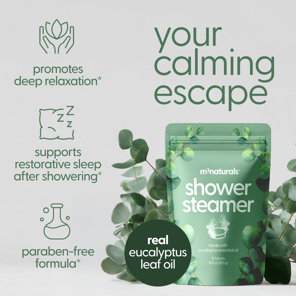 M3 Naturals Eucalyptus Shower Steamers – 14 Individually Wrapped Tablets for Relaxation, Sinus Support & Recovery