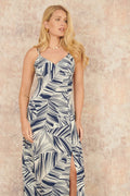 Yumi Navy Leaf Print Maxi Dress With Cross Back