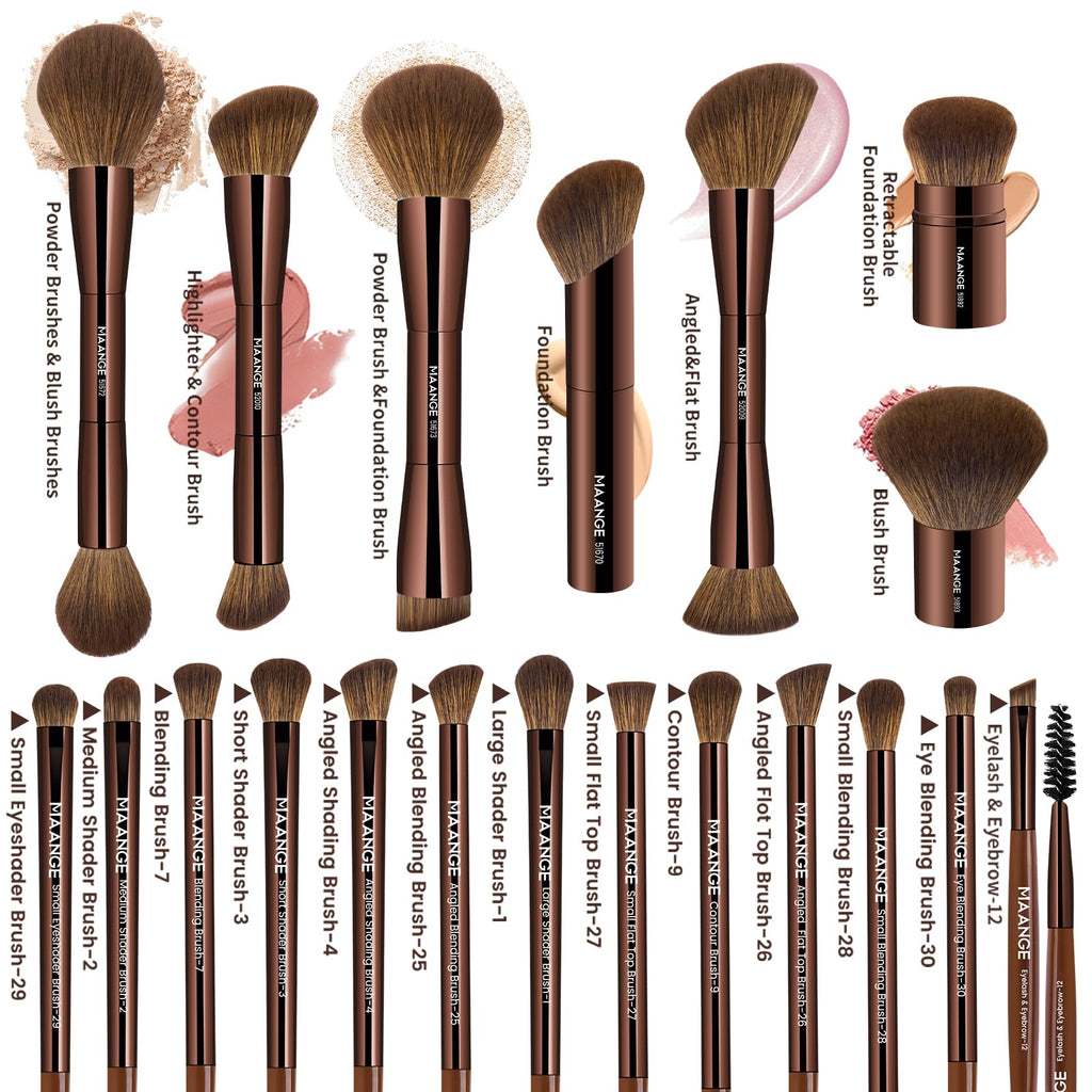 MAANGE 20-Piece Makeup Brush Set with Gift Box | Double-End Kabuki Brushes, Alu Handles, Soft Synthetic Bristles