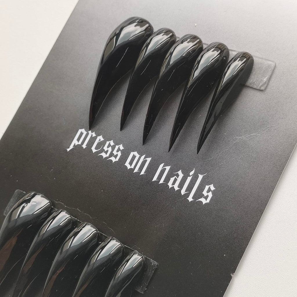 MABKJLF Luxury Press On Nails - Medium Curved Stiletto Eagle Claw, Reusable ABS, Glossy Black, Glue-On Kit