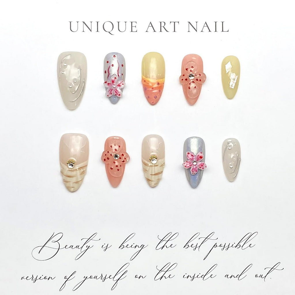 MABKJLF Handmade Press On Nails – Medium Almond 3D Flower, Rhinestones & Pearls