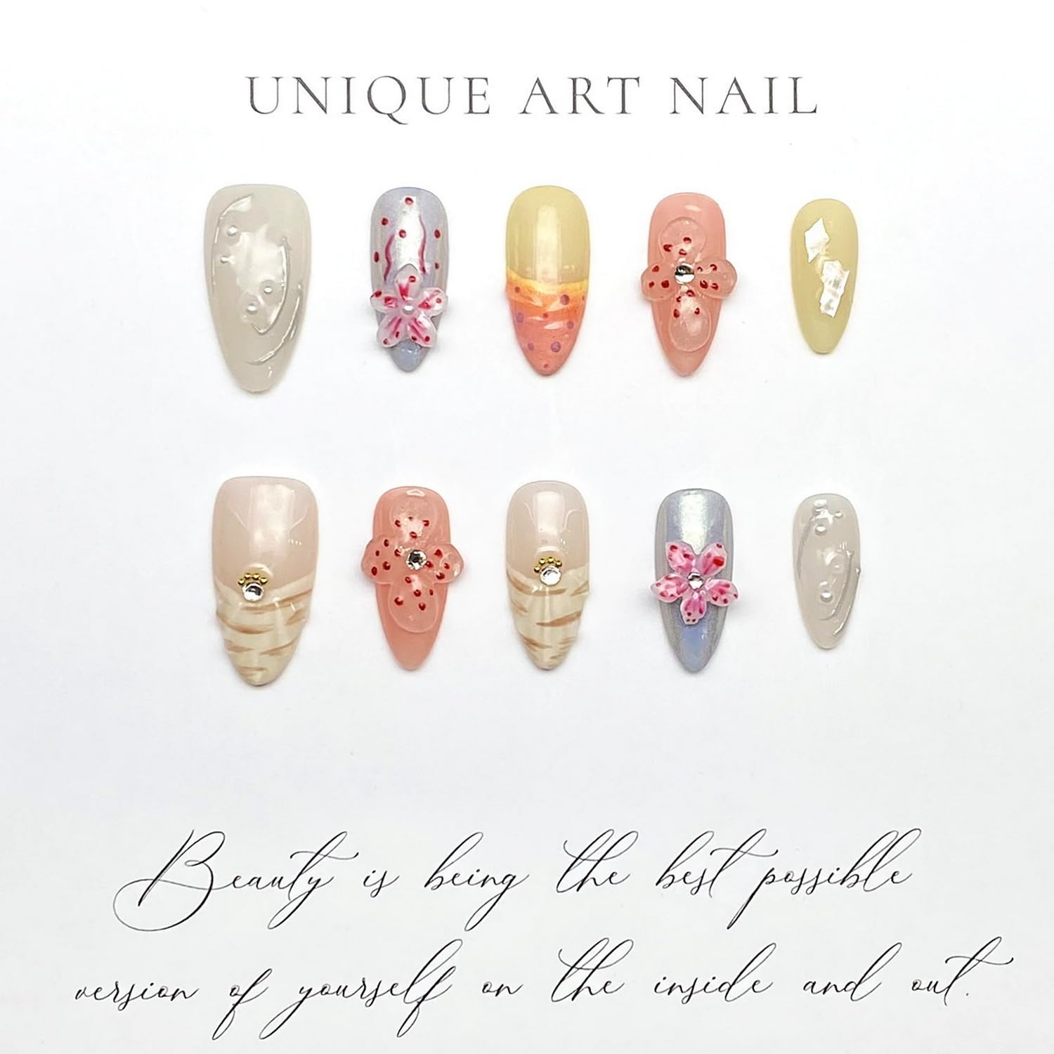 MABKJLF Handmade Press On Nails – Medium Almond 3D Flower, Rhinestones & Pearls