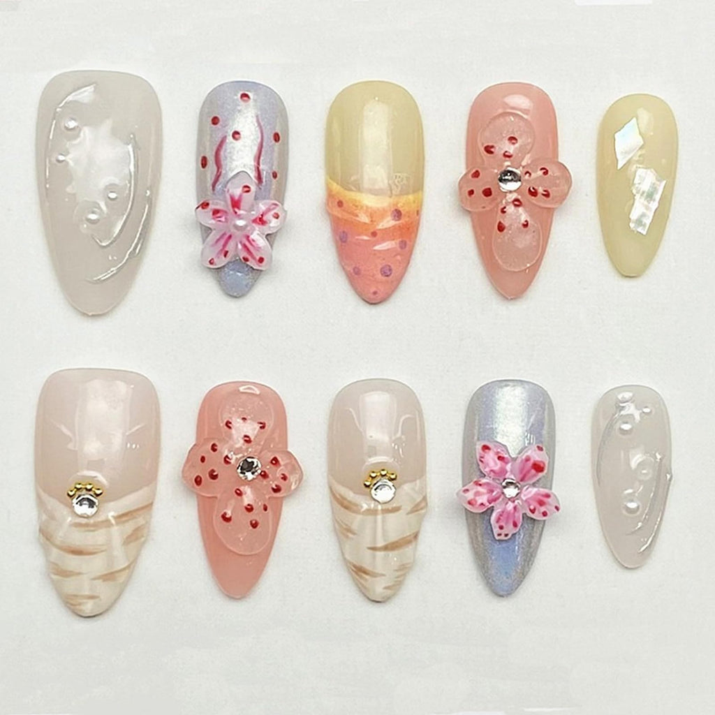 MABKJLF Handmade Press On Nails – Medium Almond 3D Flower, Rhinestones & Pearls