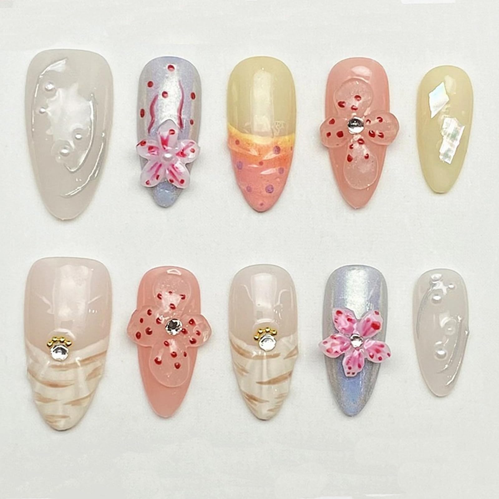 MABKJLF Handmade Press On Nails – Medium Almond 3D Flower, Rhinestones & Pearls
