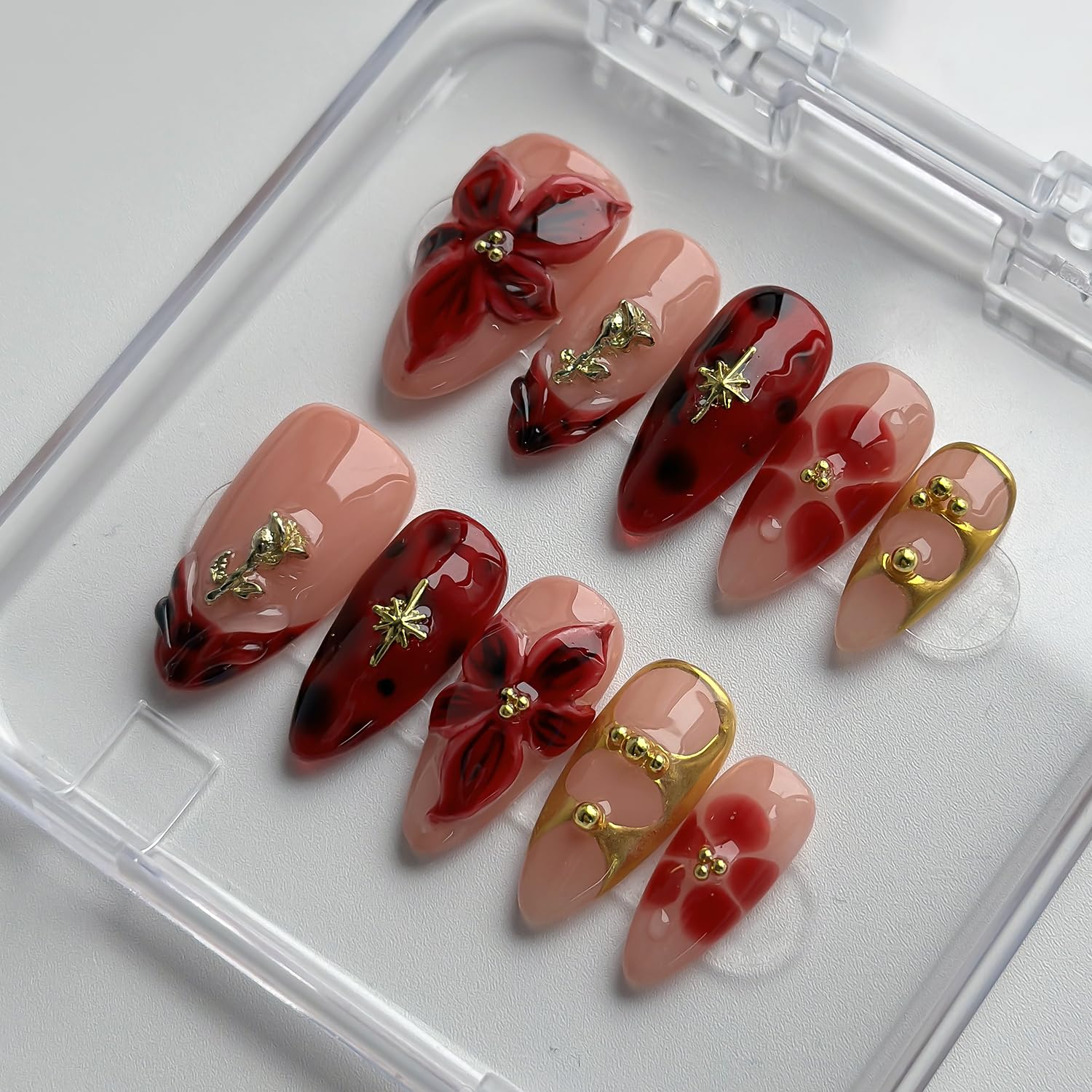 MABKJLF Luxury Press On Nails – Medium Almond, Red Floral, Reusable ABS, Complete Kit