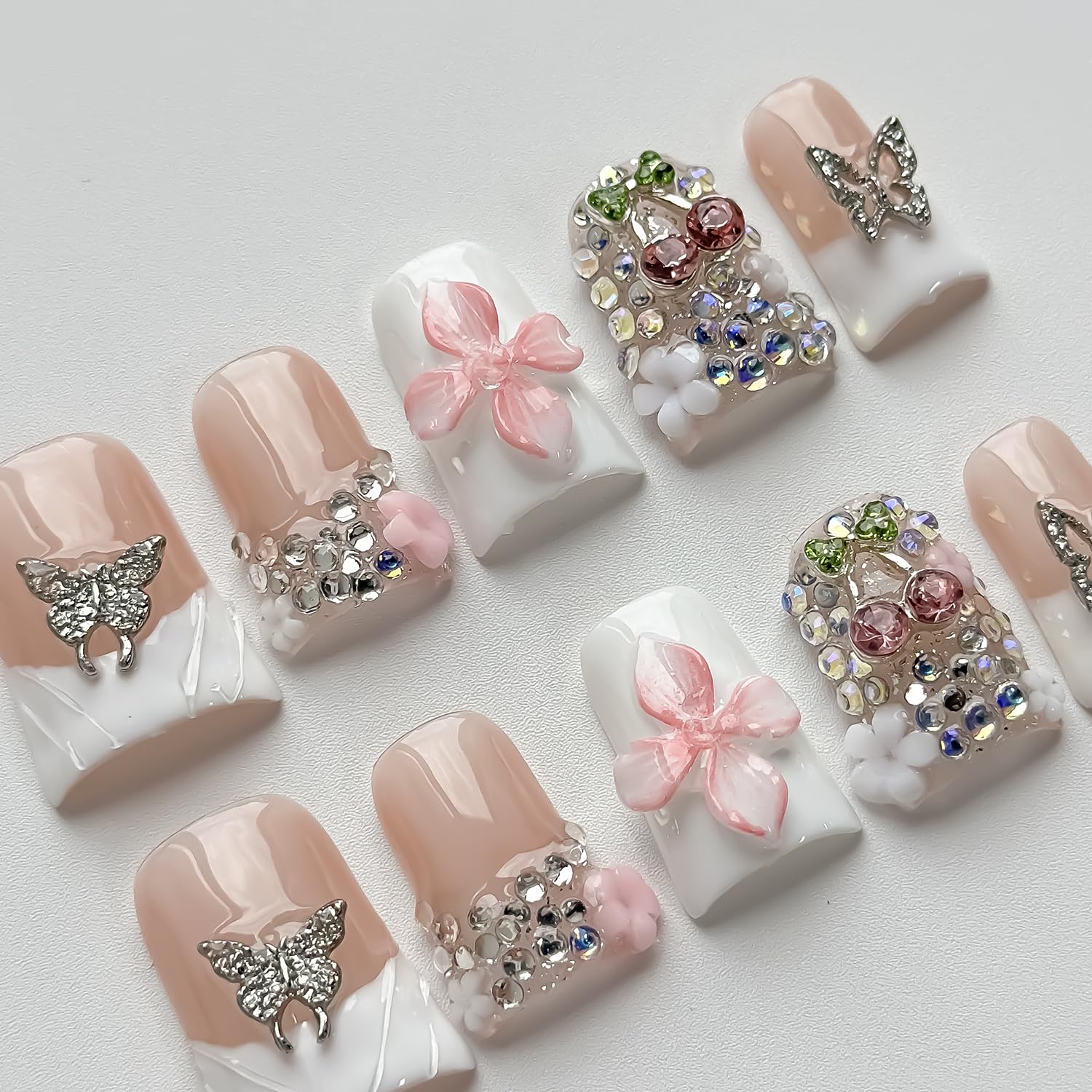 MABKJLF Luxury Press On Nails – Short Duck 3D Handmade Reusable ABS, White French Tip with Pink Flower & Butterfly