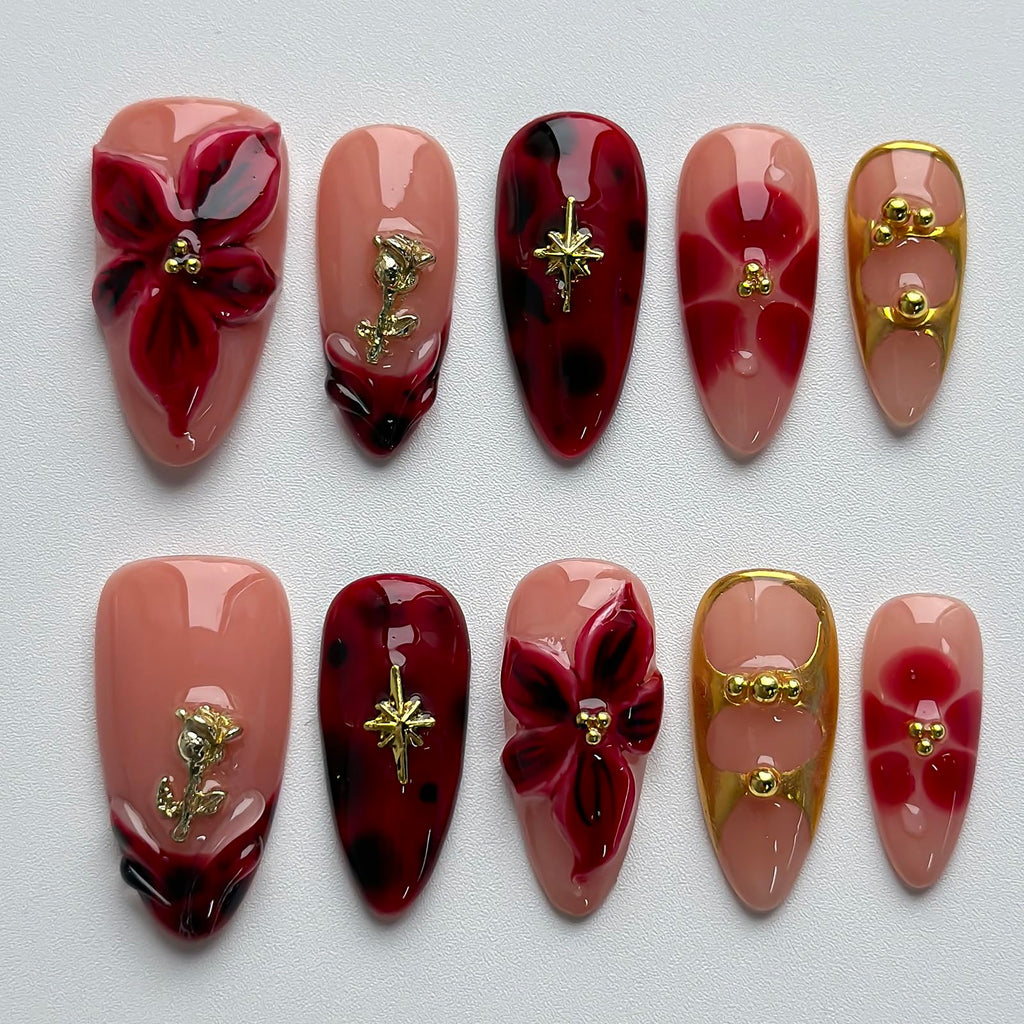 MABKJLF Luxury Press On Nails – Medium Almond, Red Floral, Reusable ABS, Complete Kit
