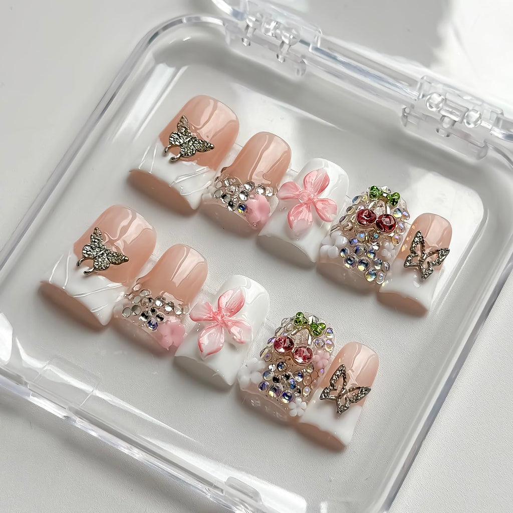 MABKJLF Luxury Press On Nails – Short Duck 3D Handmade Reusable ABS, White French Tip with Pink Flower & Butterfly
