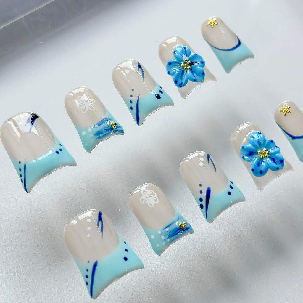 MABKJLF Luxury Press On Nails – Short Duck 3D Handmade, Reusable ABS, Blue French Tip