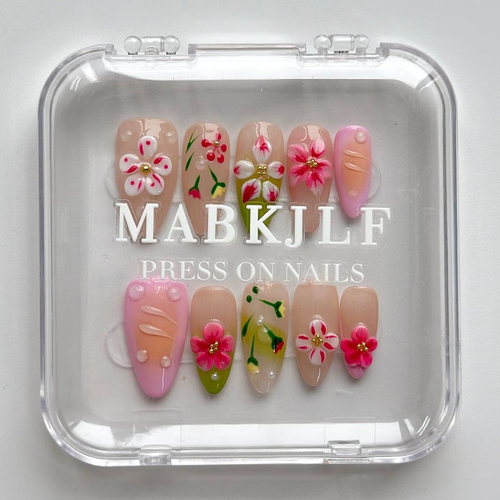 MABKJLF Luxury Press On Nails – Medium Almond, 3D Design, Reusable ABS, Complete Nail Kit