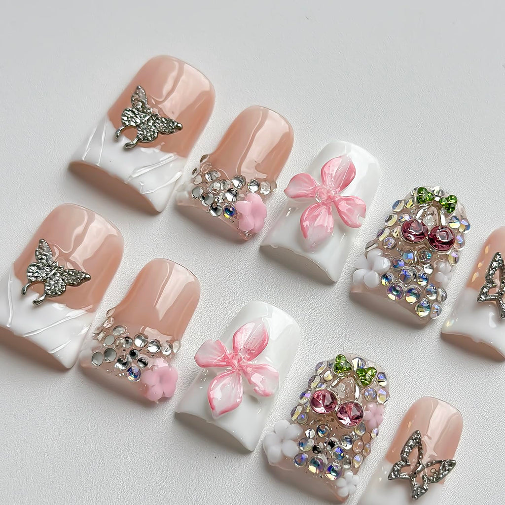 MABKJLF Luxury Press On Nails – Short Duck 3D Handmade Reusable ABS, White French Tip with Pink Flower & Butterfly