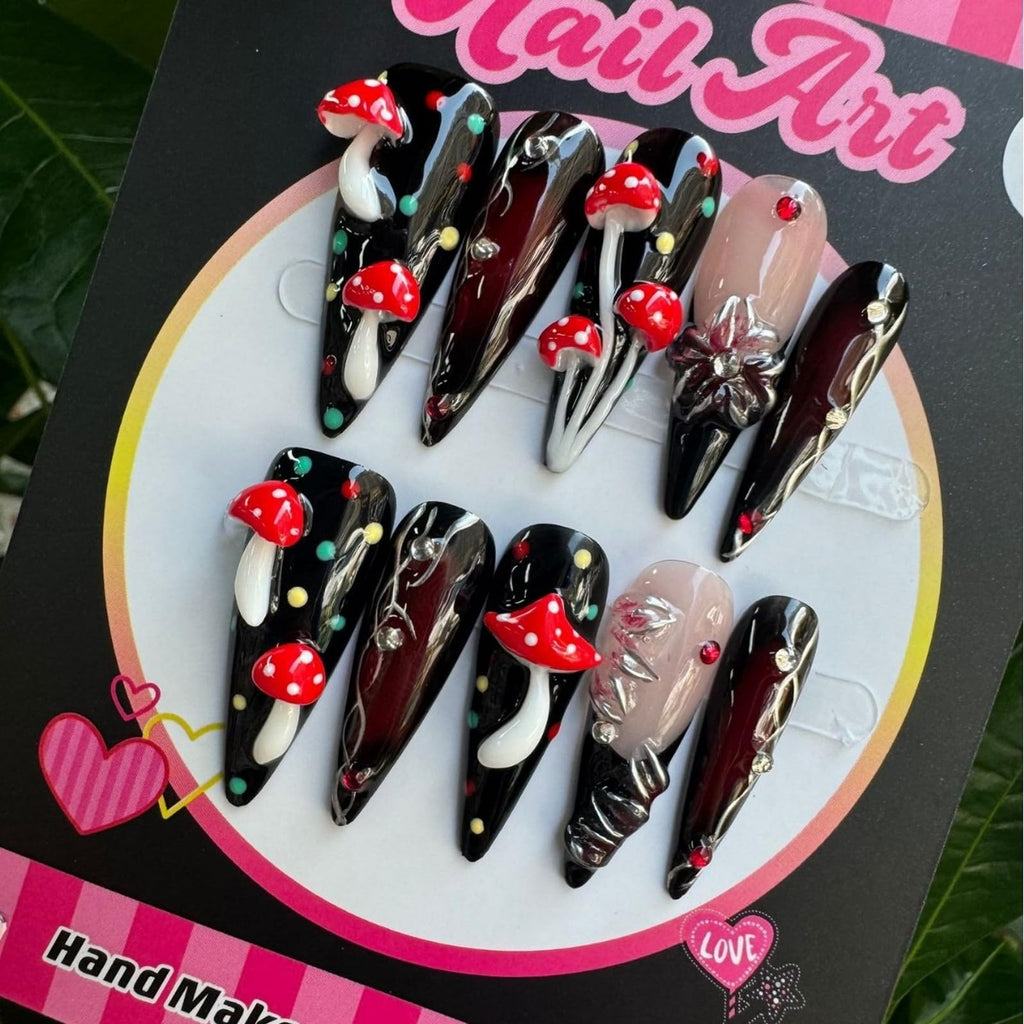 MABKJLF Luxury Press On Nails Long Stiletto – 3D Reusable ABS, Black Nail Art Kit