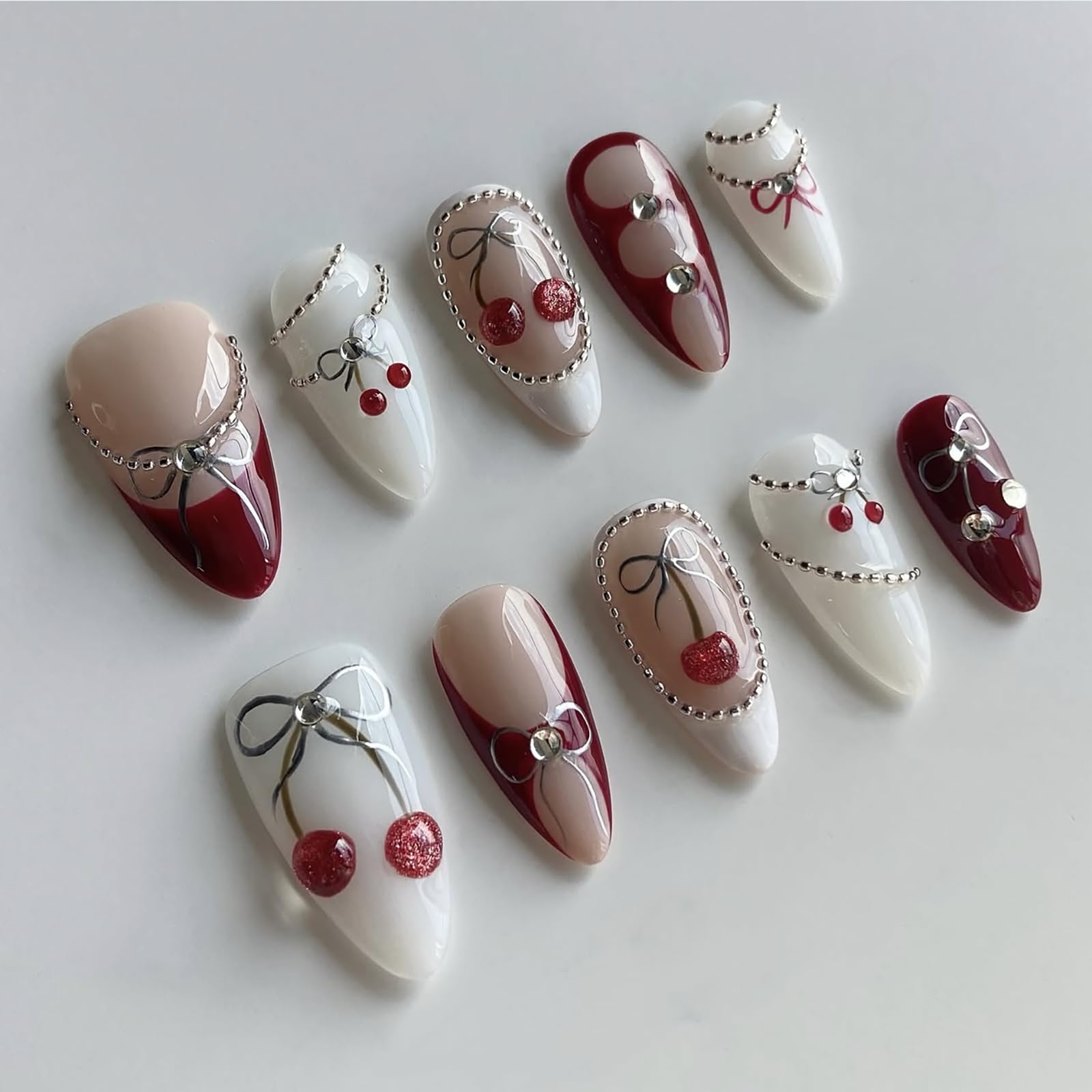 MABKJLF Luxury Press On Nails — Medium Almond, 3D Design, Reusable ABS, Glossy French Tip