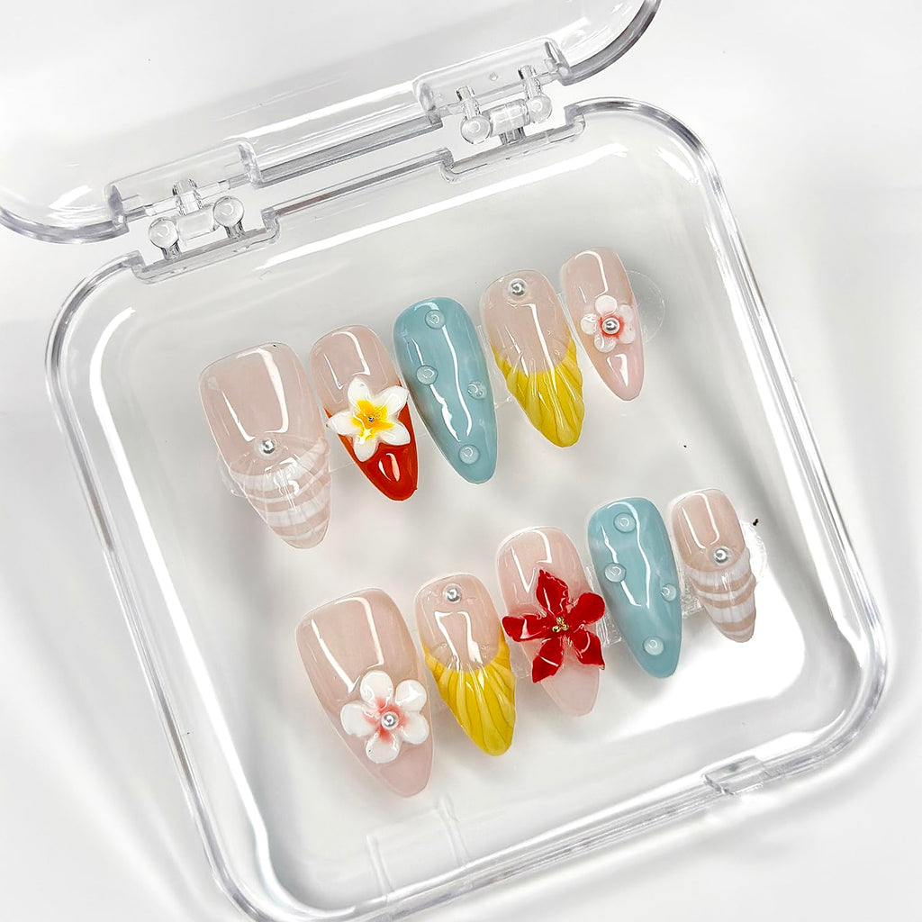 MABKJLF Luxury Press On Nails – Medium Almond French Tip, 3D Floral & Pearl Design, Reusable ABS Kit