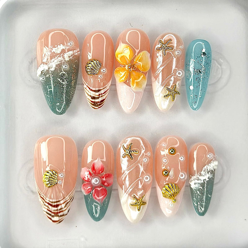 MABKJLF Luxury Press On Nails – Medium Almond French Tip, 3D Plumeria Floral, Reusable ABS Kit