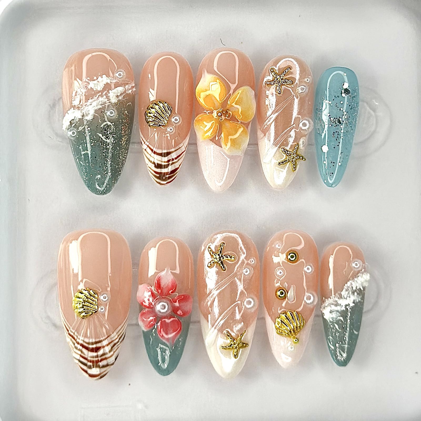MABKJLF Luxury Press On Nails – Medium Almond French Tip, 3D Plumeria Floral, Reusable ABS Kit
