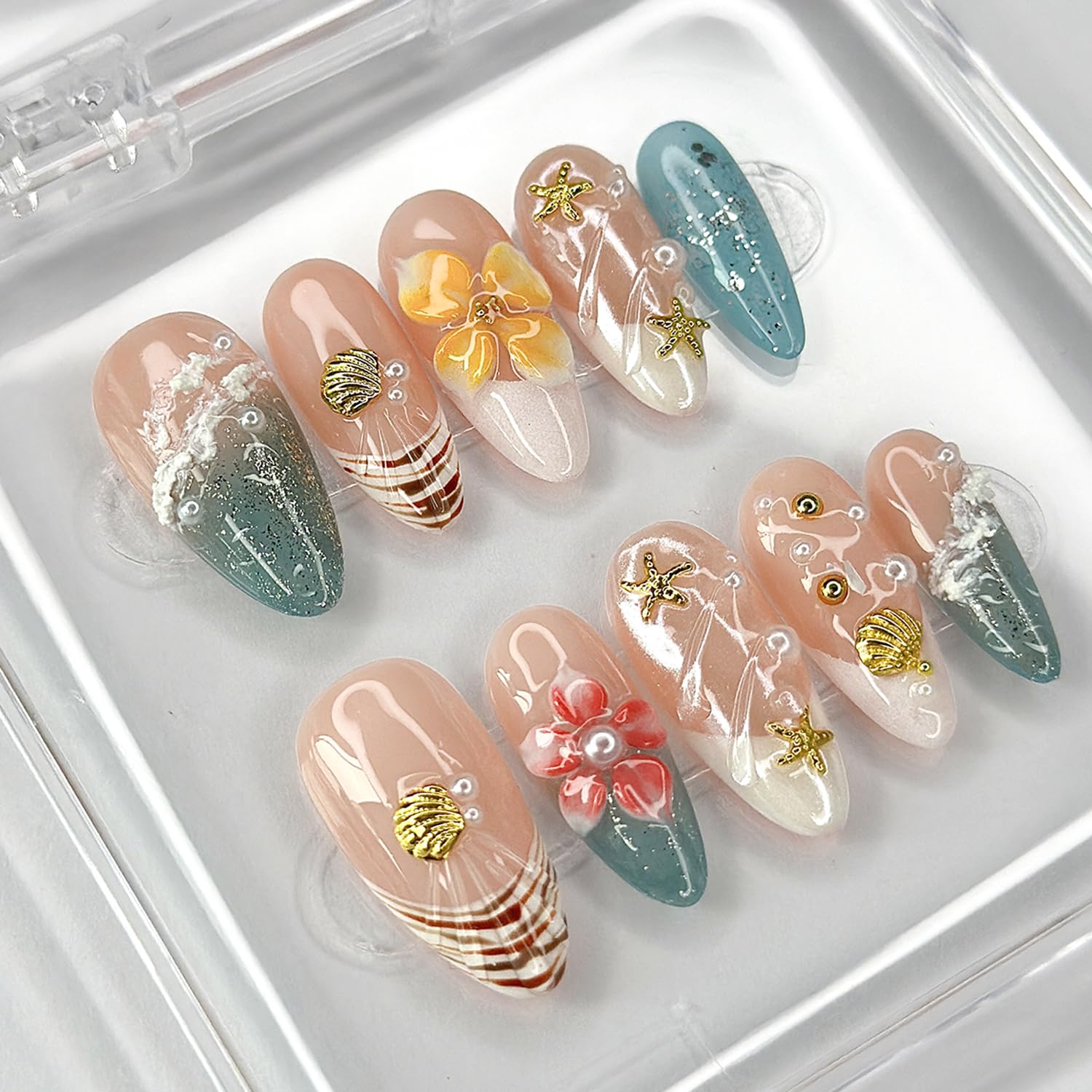 MABKJLF Luxury Press On Nails – Medium Almond French Tip, 3D Plumeria Floral, Reusable ABS Kit