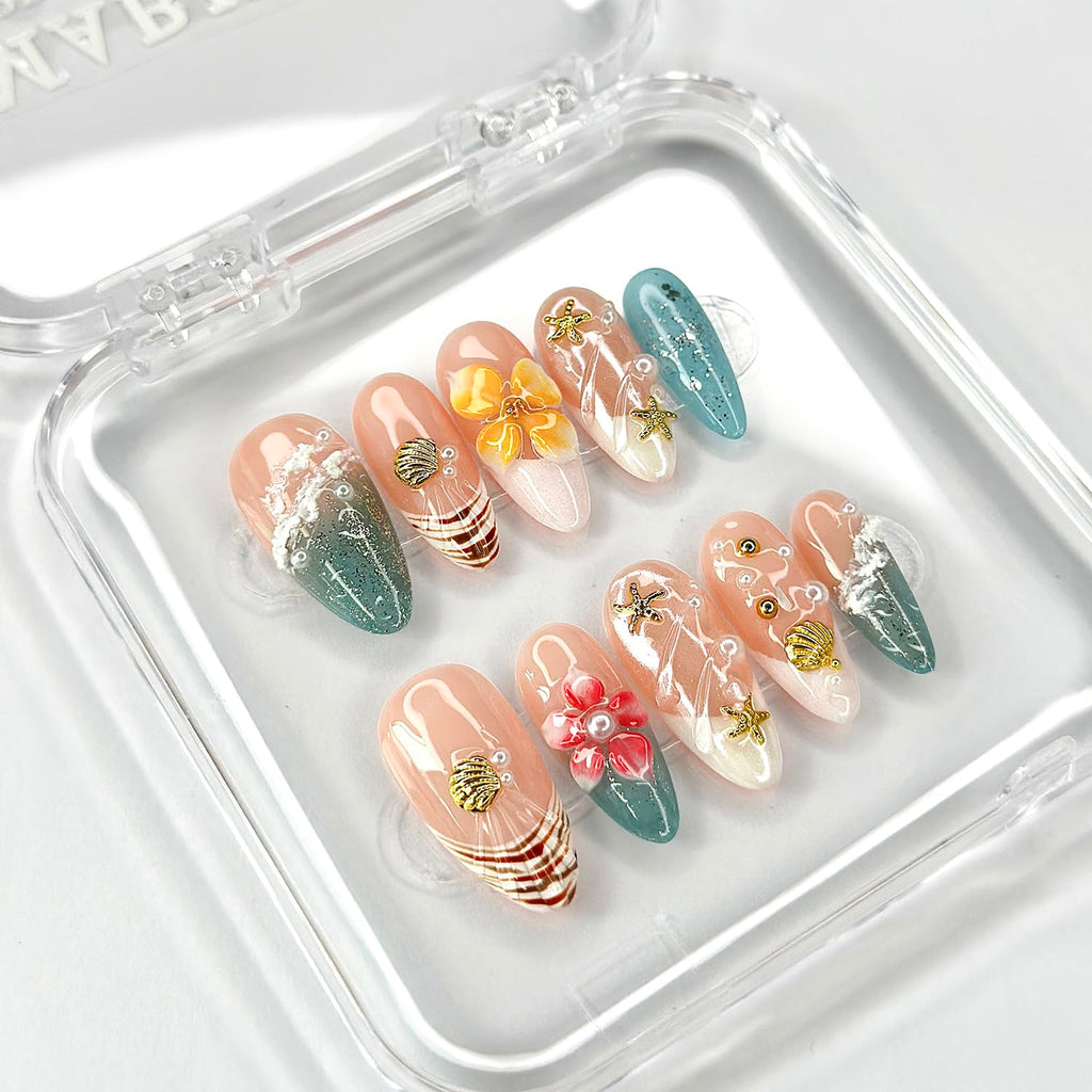 MABKJLF Luxury Press On Nails – Medium Almond French Tip, 3D Plumeria Floral, Reusable ABS Kit
