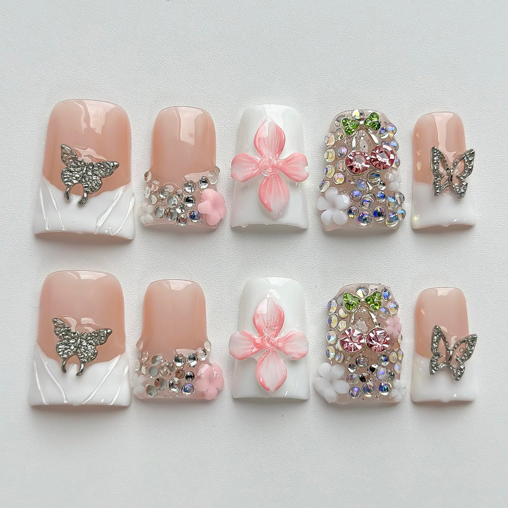 MABKJLF Luxury Press On Nails – Short Duck 3D Handmade Reusable ABS, White French Tip with Pink Flower & Butterfly