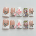 MABKJLF Luxury Press On Nails – Short Duck 3D Handmade Reusable ABS, White French Tip with Pink Flower & Butterfly
