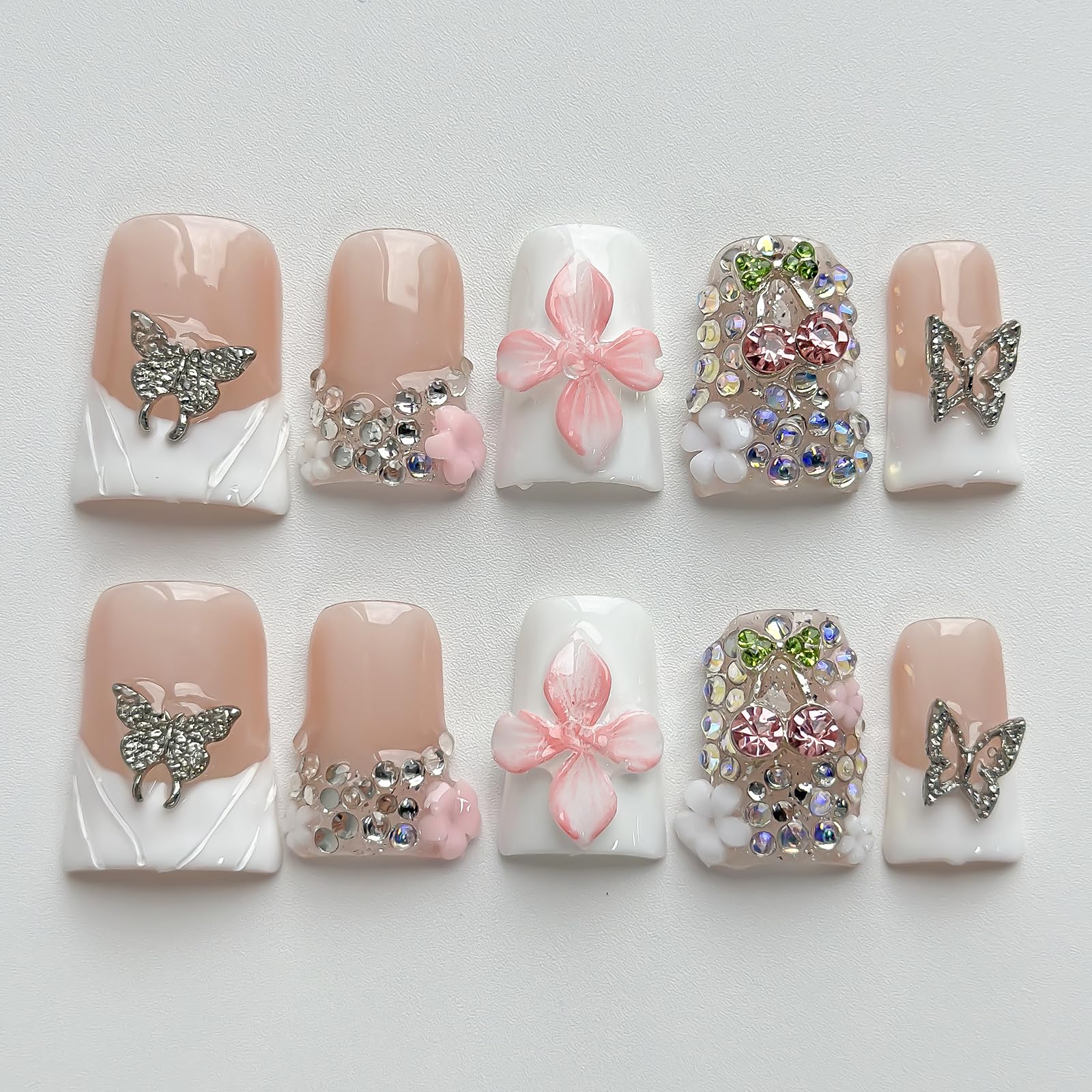 MABKJLF Luxury Press On Nails – Short Duck 3D Handmade Reusable ABS, White French Tip with Pink Flower & Butterfly