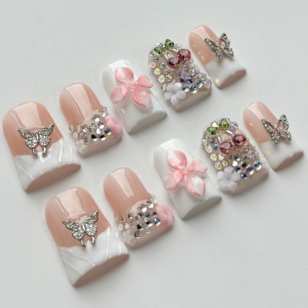 MABKJLF Luxury Press On Nails – Short Duck 3D Handmade Reusable ABS, White French Tip with Pink Flower & Butterfly