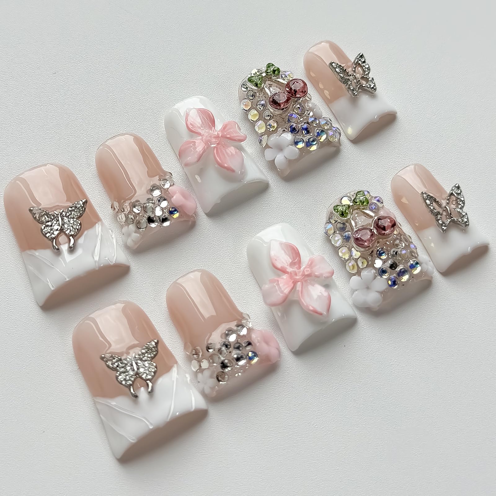 MABKJLF Luxury Press On Nails – Short Duck 3D Handmade Reusable ABS, White French Tip with Pink Flower & Butterfly