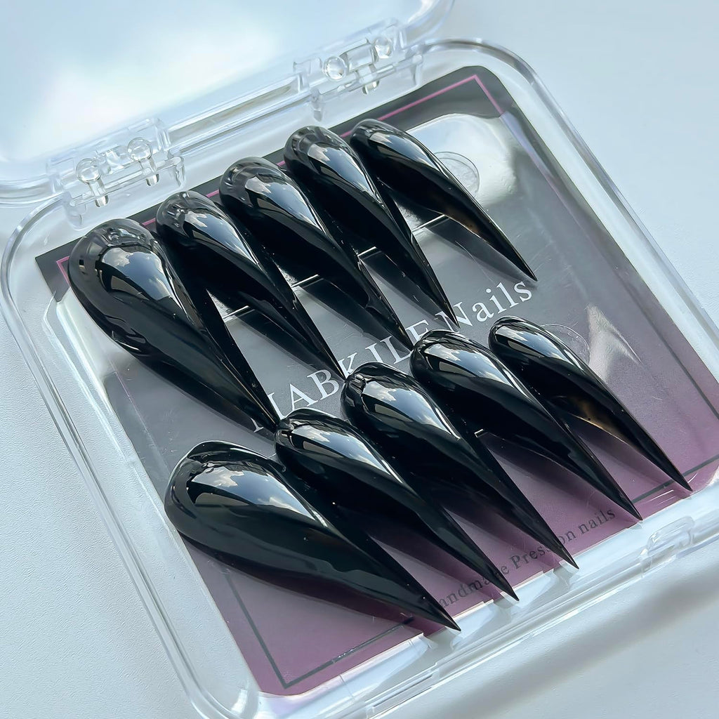MABKJLF Luxury Press-On Nails – Medium Almond Curved, Reusable ABS, Glossy Black Dragon Claw & Eagle Claw Designs