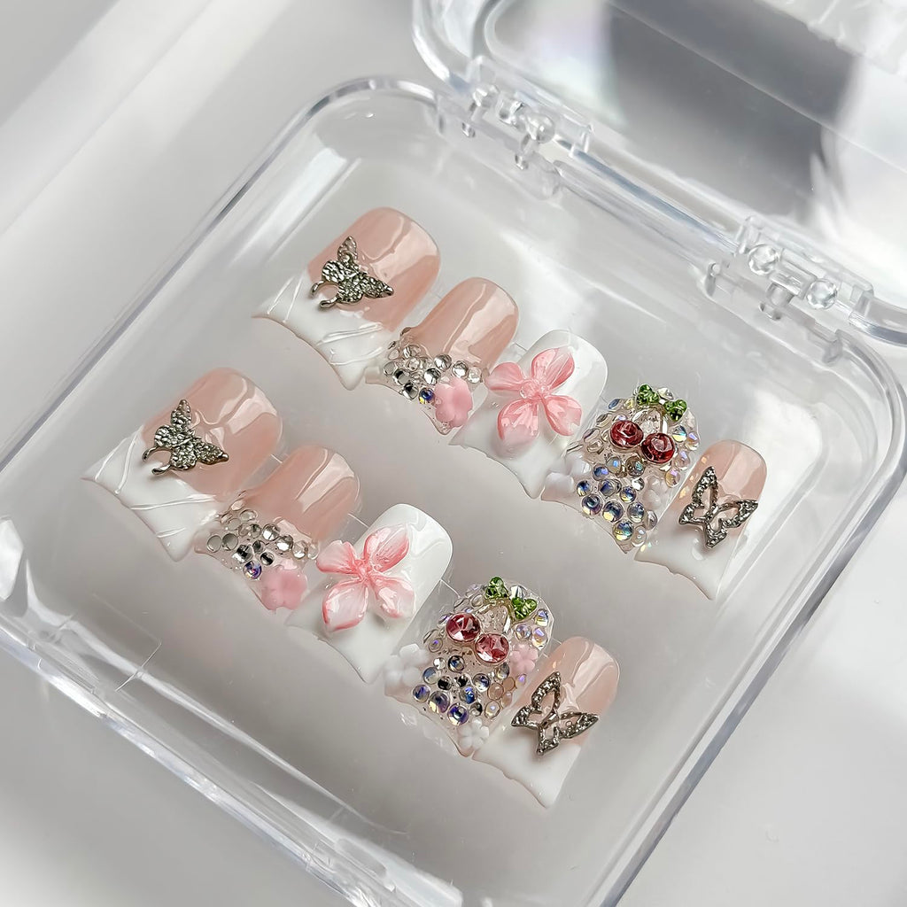 MABKJLF Luxury Press On Nails – Short Duck 3D Handmade Reusable ABS, White French Tip with Pink Flower & Butterfly