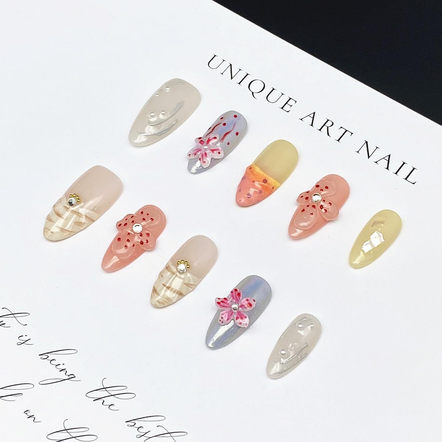 MABKJLF Handmade Press On Nails – Medium Almond 3D Flower, Rhinestones & Pearls