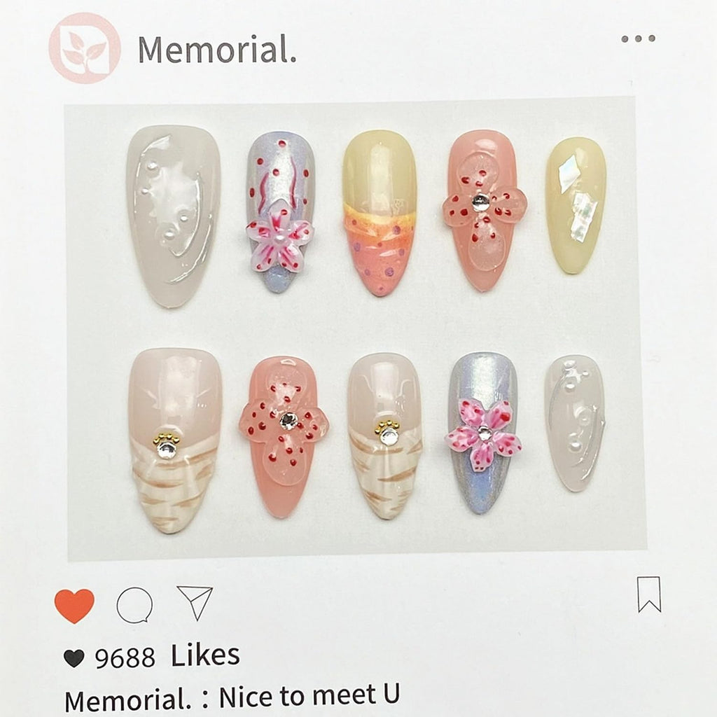 MABKJLF Handmade Press On Nails – Medium Almond 3D Flower, Rhinestones & Pearls