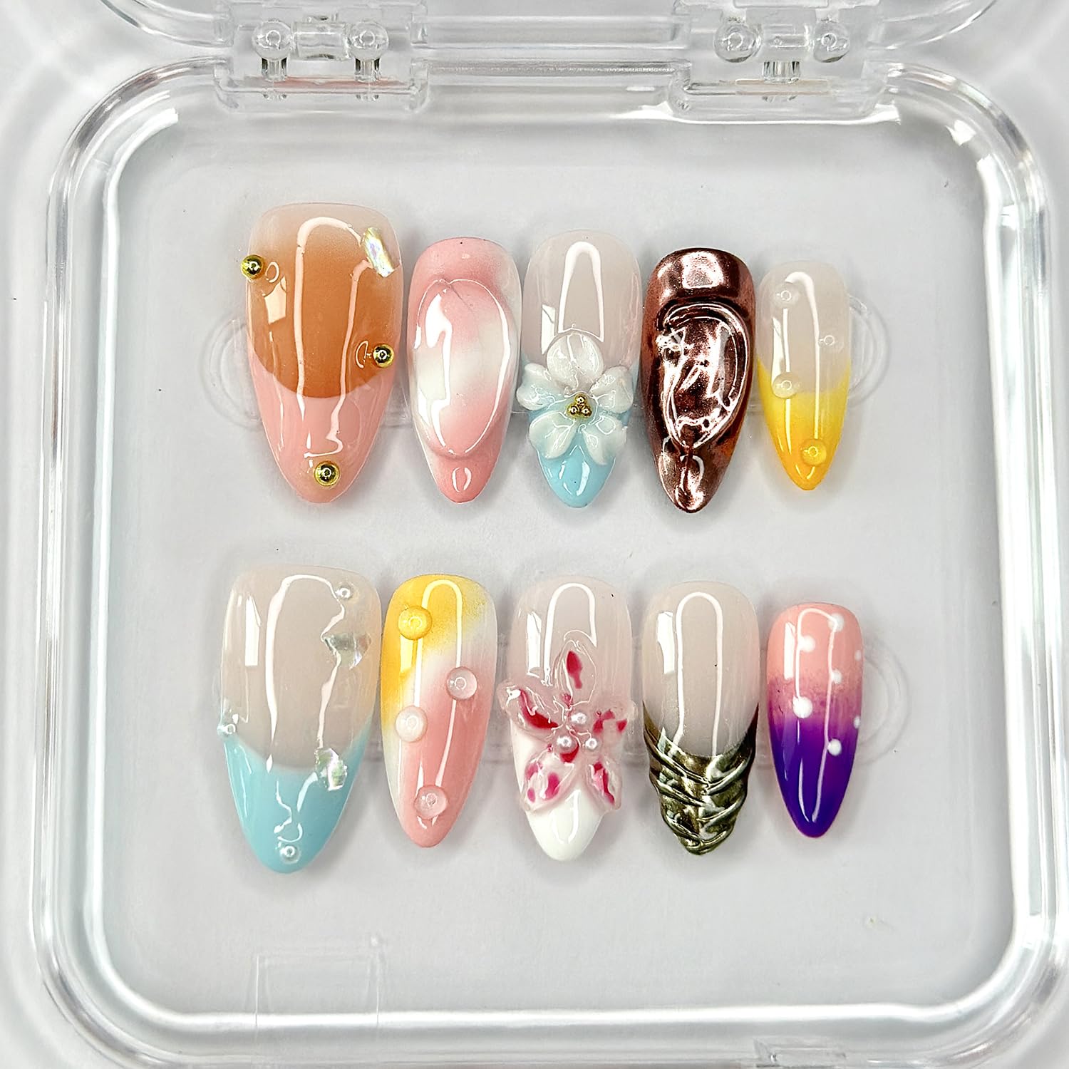 MABKJLF Luxury Press On Nails – Medium Almond, 3D Floral & Pearl Design, Reusable ABS Kit