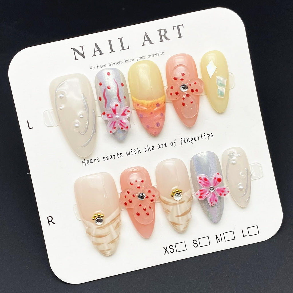 MABKJLF Handmade Press On Nails – Medium Almond 3D Flower, Rhinestones & Pearls