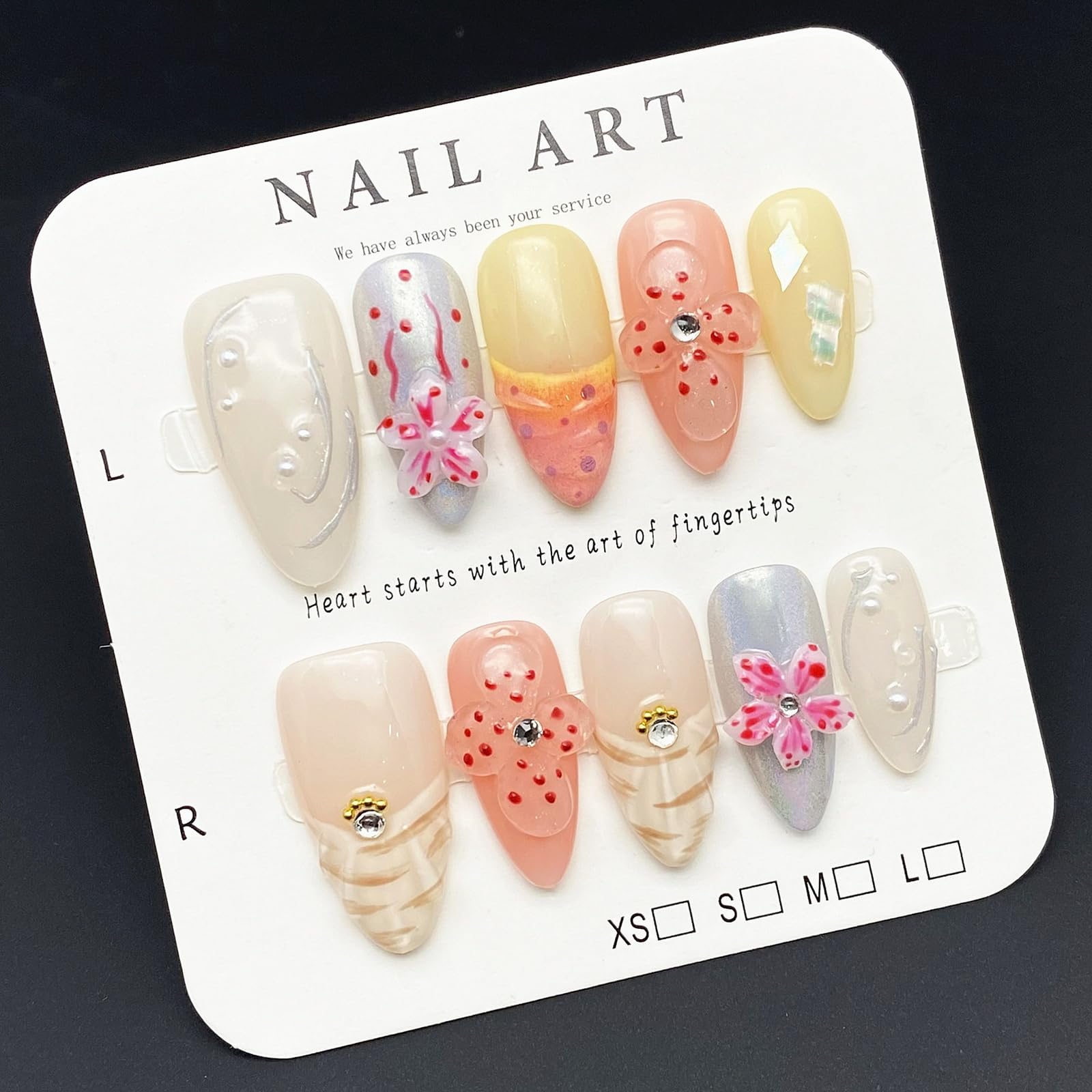 MABKJLF Handmade Press On Nails – Medium Almond 3D Flower, Rhinestones & Pearls