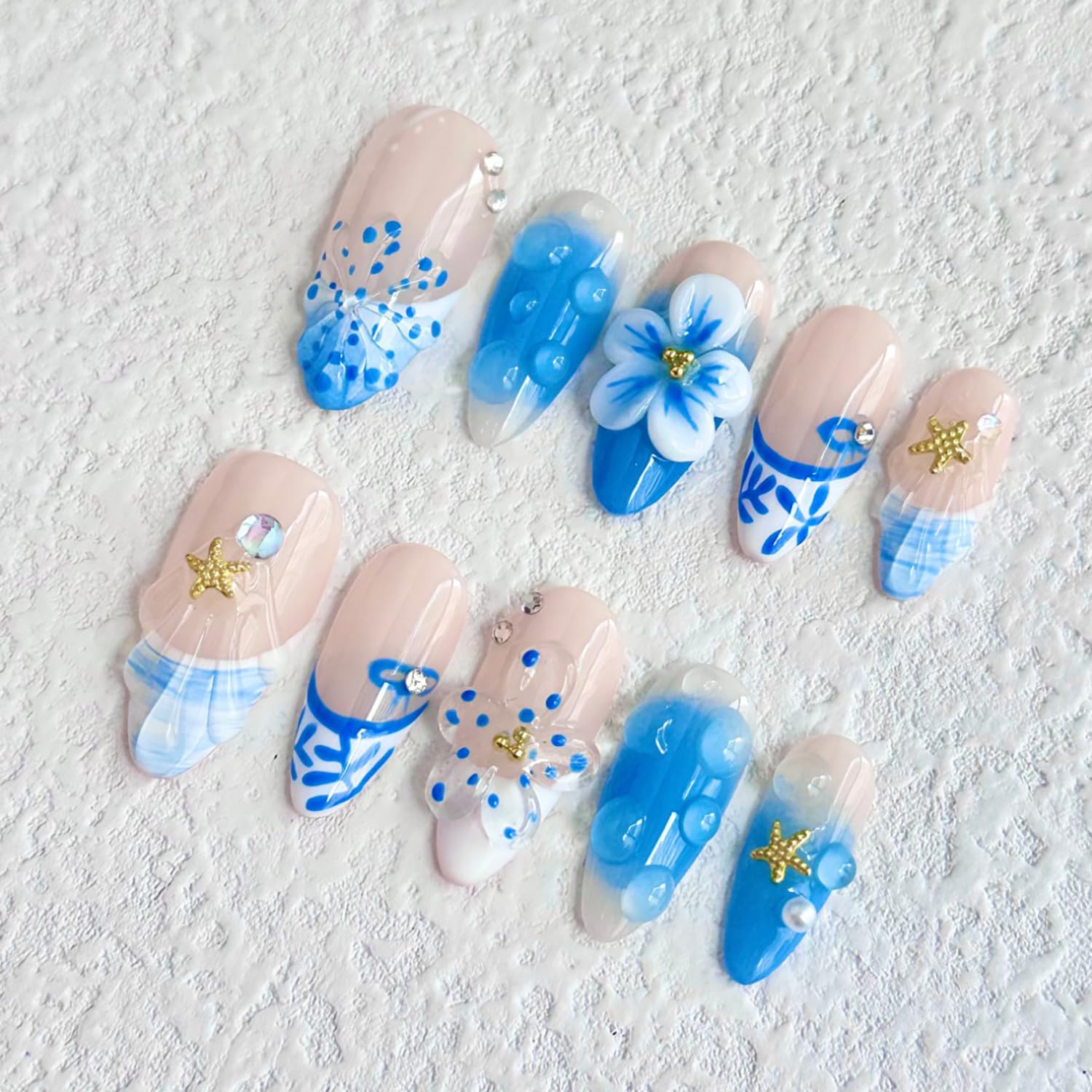 MABKJLF Luxury Press On Nails – Medium Almond, Blue French Tip, 3D Art