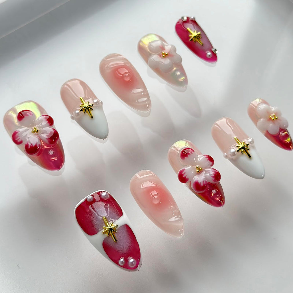 MABKJLF Luxury Press On Nails – Medium Almond, 3D Design, Reusable ABS, Chrome French Tip