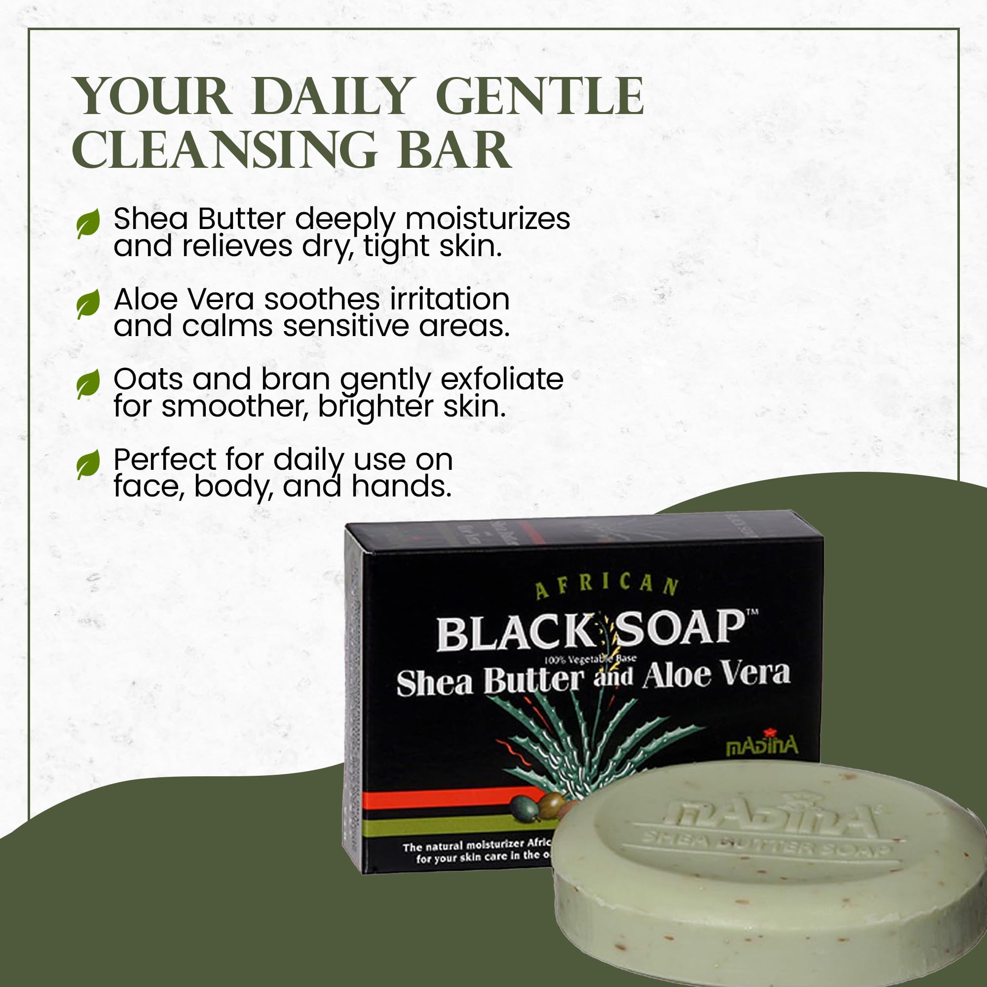 Madina African Black Soap Bar – Shea Butter & Aloe, 6-Pack (3.5 oz Each) | Gentle Hydration & Mild Exfoliation for All Skin Types