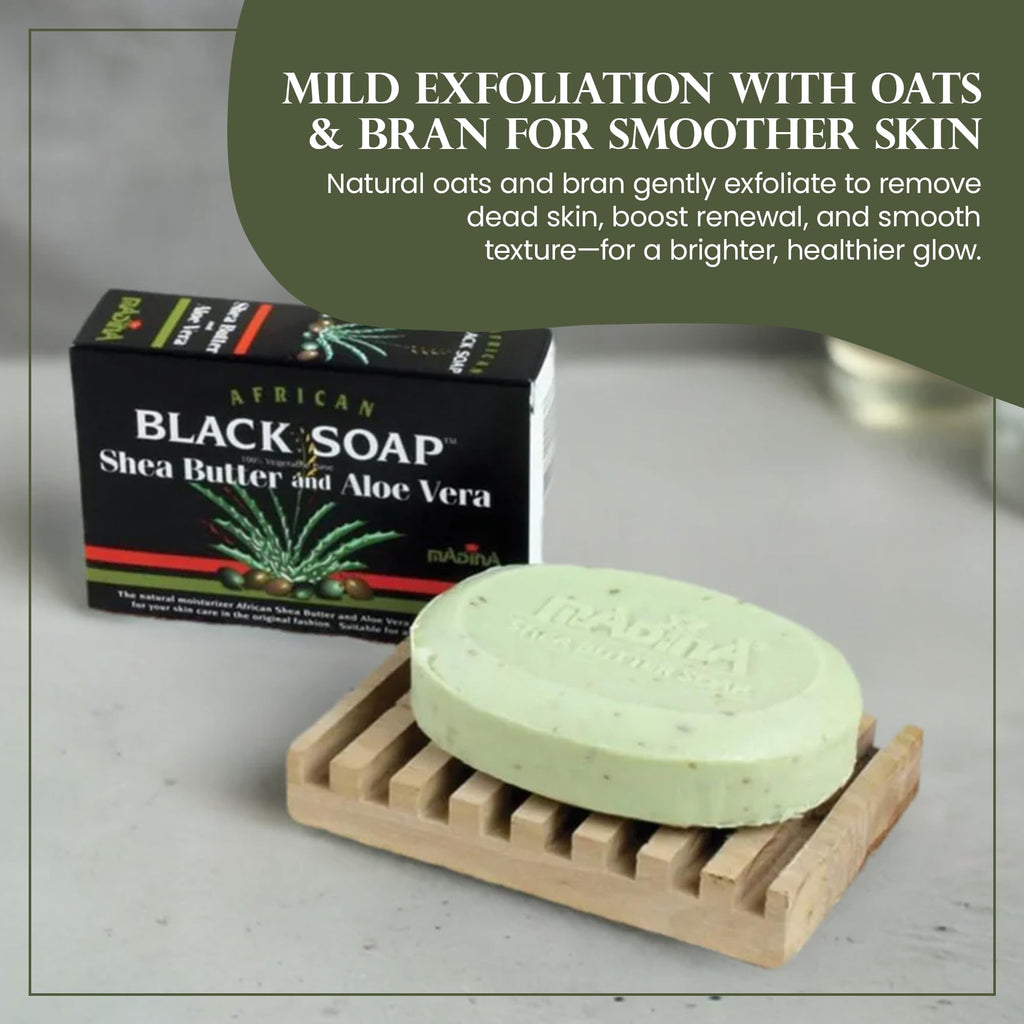 Madina African Black Soap Bar – Shea Butter & Aloe, 6-Pack (3.5 oz Each) | Gentle Hydration & Mild Exfoliation for All Skin Types