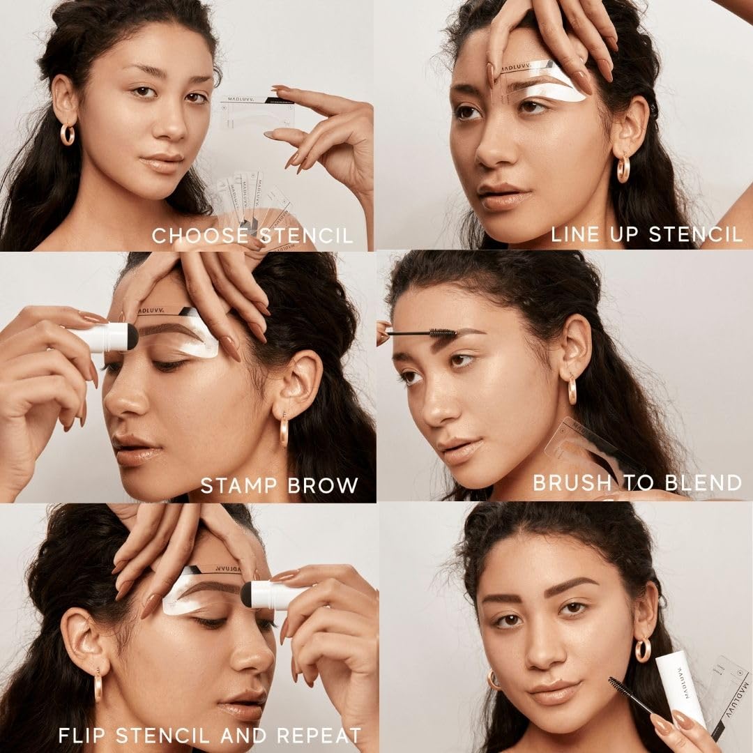 MADLUVV Brow Stamp Kit with 9 Stencils – Easy, Natural-Looking Brows | Spoolie, Travel Bag & Stamp