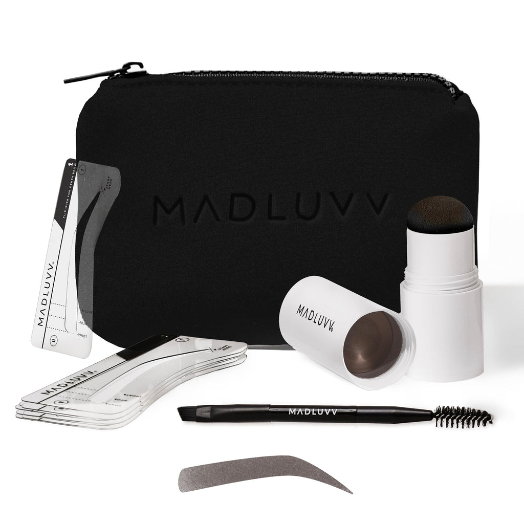 MADLUVV Brow Stamp Kit with 9 Stencils – Easy, Natural-Looking Brows | Spoolie, Travel Bag & Stamp