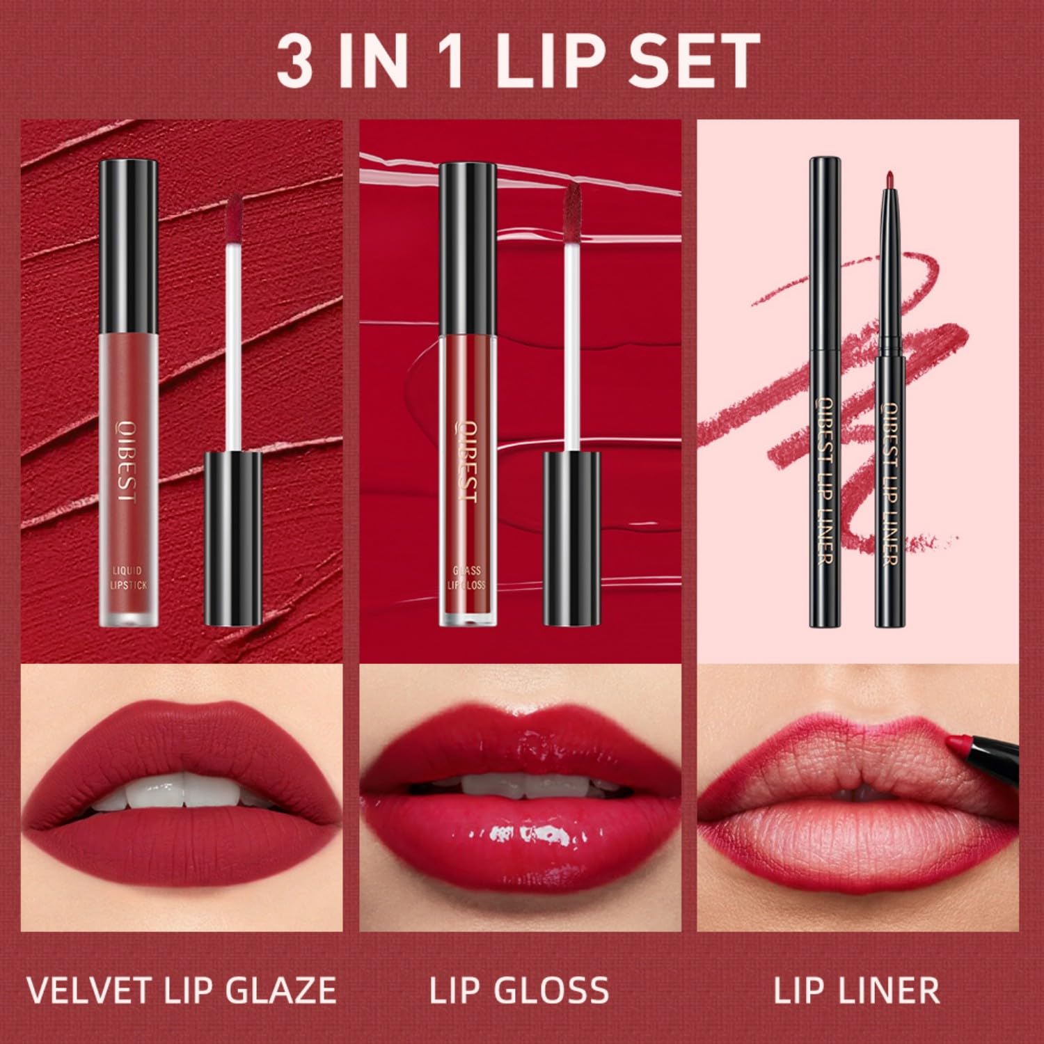 MAEPEOR All In One Lip Kit 3 in 1 Lip Liner Lip Gloss Lipstick Kit 06 Red High Heels