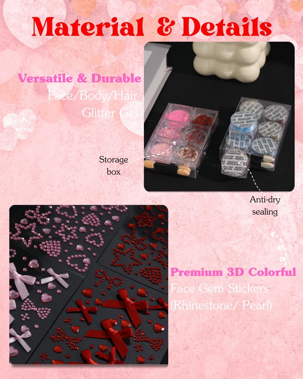 Maffuno Red Bow Face Gems & Glitter Kit — Self-Adhesive Rhinestones, Gels, and Jewels for Face, Body & Hair
