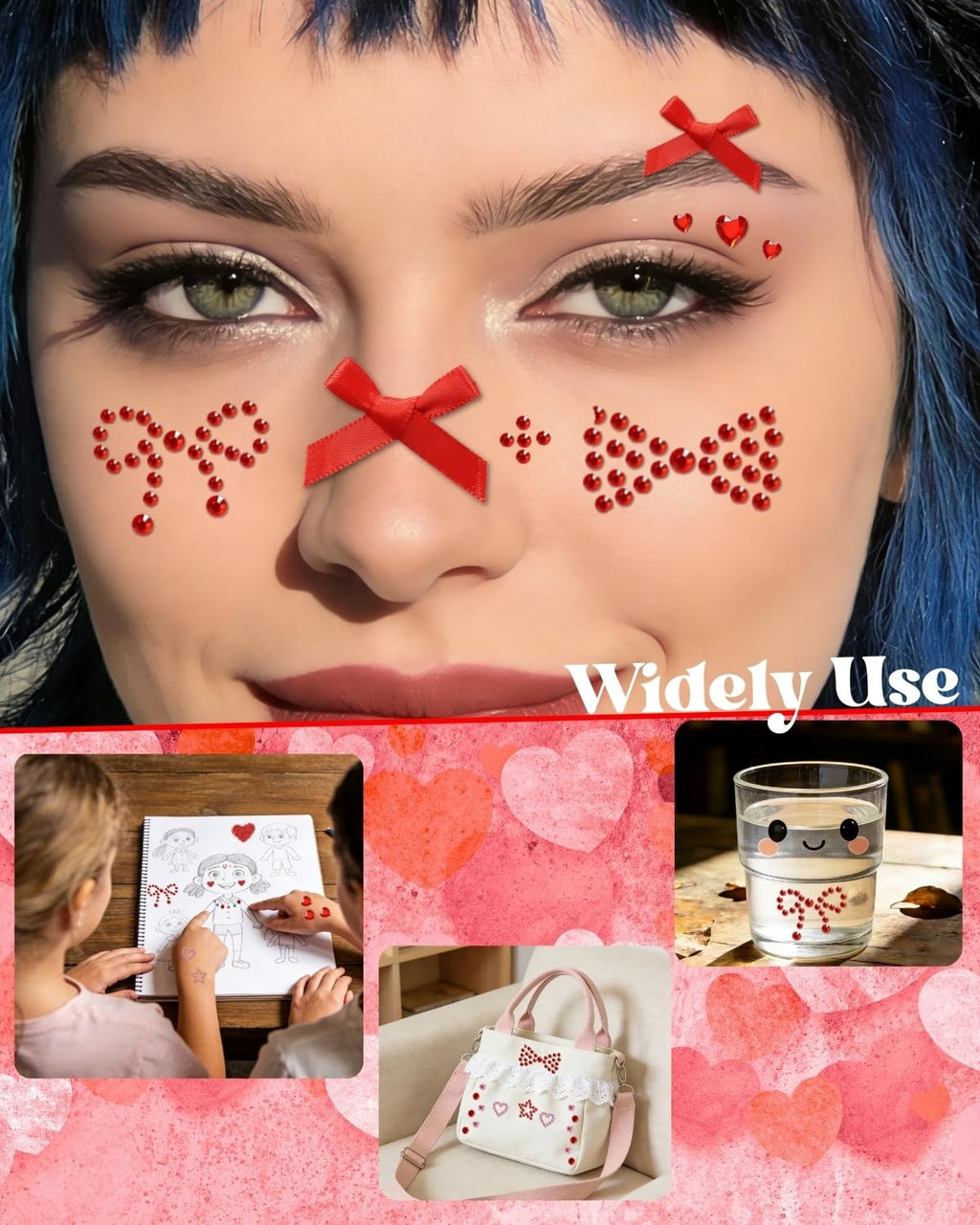 Maffuno Red Bow Face Gems & Glitter Kit — Self-Adhesive Rhinestones, Gels, and Jewels for Face, Body & Hair