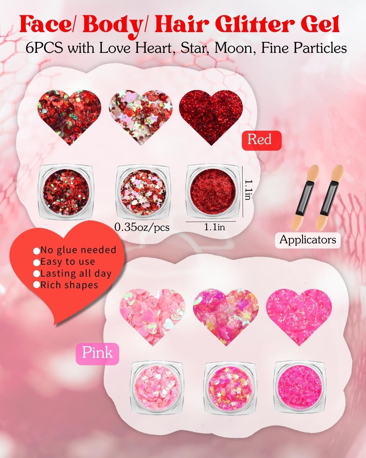 Maffuno Red Bow Face Gems & Glitter Kit — Self-Adhesive Rhinestones, Gels, and Jewels for Face, Body & Hair